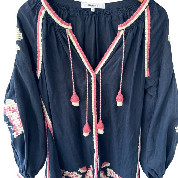 March11‎ Embroidered Linen Tassel Mini Dress Navy Blue Floral Size XS - Picture 5 of 11